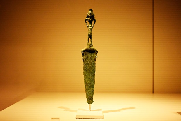 A dagger from Cambodia or Vietnam, 300 B.C.E.-200 C.E., Bronze, a gift of Emma Bunker to the Denver Art Museum, is displayed in the museum's Bunker Gallery section of the Southeast Asian art galleries on Oct. 25, 2022. (Photo by Hyoung Chang/The Denver Post)