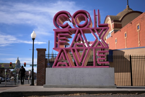 A Colfax Ave. sign is seen in front of the Fillmore Auditorium on East Colfax Ave. in Denver on Tuesday, Dec. 5, 2023. (Photo by Hyoung Chang/The Denver Post)