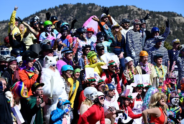 Group photo for the coffin race teams at the Frozen Dead Guy Days at the Estes Park Events Complex March 18, 2023. This yearÕs festival marks the first time it was held in Estes Park that featured coffin races, three music stages, brain freeze contests, food trucks and many more activities, which concludes Sunday afternoon. Bredo Morstoel, from Norway, would have been 110-years-old, but died in 1989. After his death his family had him packed in dry ice and moved to a cryonics facility in California were he stayed for almost four years. He was moved to Colorado in 1993 and has been on dry ice in shed in Nederland Colorado ever since. Morstoel was an avid outdoorsman in Norway and a former parks and recreation director for over 30-years. (Photo by Andy Cross/The Denver Post)