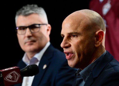 New Colorado Rapids coach Chris Armas, right, speaks at his introductory news conference at Dick’s Sporting Goods Park on Thursday Nov. 30, 2023. Team president Pádraig Smith, listens. (Photo by Andy Cross/The Denver Post)