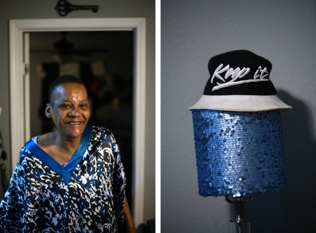 LEFT: Gwendolyn Lyons, 52, poses for a portrait in the living room of her apartment in Houston on Thursday, October 12, 2023. Lyons, who was homeless, was provided an apartment through The Way Home's partnership with landlords. She is a tenant of landlord Jamil Hasan. RIGHT: A hat in Lyons' living room. (Photos by Mark Felix/Special to The Denver Post)