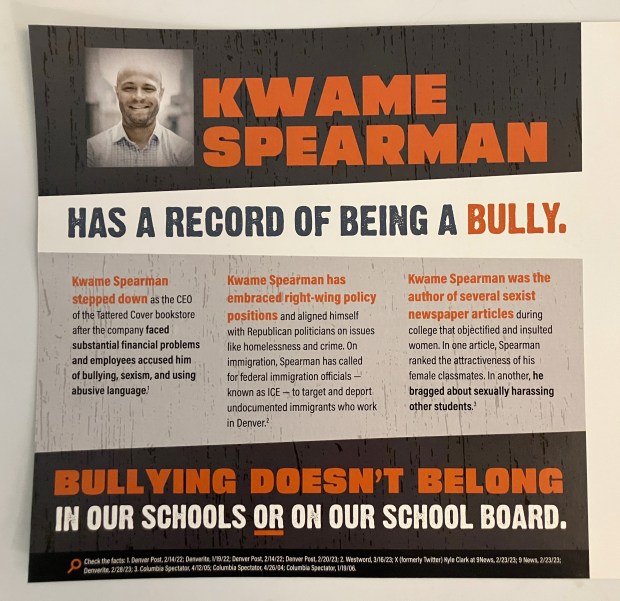 A political mailer against Denver Public Schools Board of Education candidate Kwame Spearman. (Denver Post photo)
