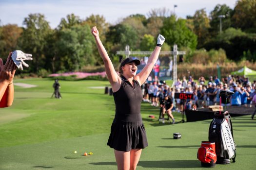 Lakewood resident Monica Lieving celebrates her win in the World Long Drive Women’s Division Championship at Bobby Jones Golf Course in Atlanta, GA, on Sunday, Oct. 22, 2023. (Photo Courtesy of World Long Drive)