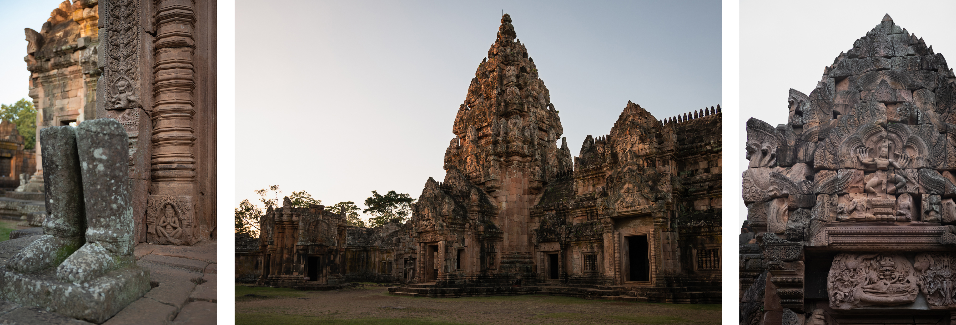 LEFT: The pedestal and feet of a statue remain at Phanom Rung temple in northeast Thailand, pictured on Nov. 4, 2022. Restoration work has been done on the site, though many artifacts originally located there are now in museums outside Thailand. CENTER: The sun sets over the Phanom Rung temple, which is located near Plai Bat II temple in Buriram Province, Thailand. RIGHT: Elaborate stonework can be seen at The pedestal and feet of a statue remain at Phanom Rung temple in northeast Thailand, pictured on Nov. 4, 2022. (Photos by Athikhom Saengchai/Special to The Denver Post)